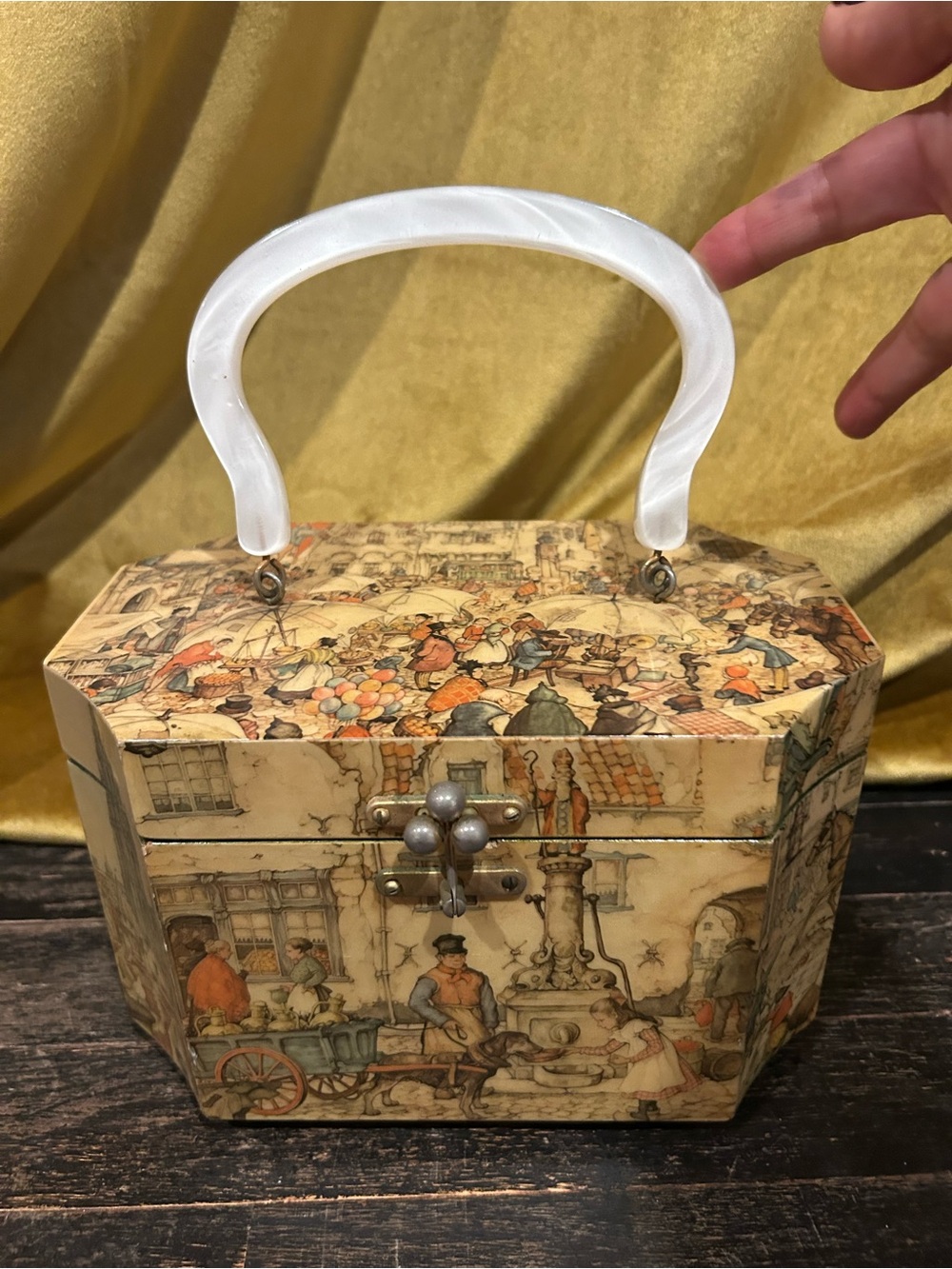 Cream Illustrated Octagonal Satchel with White Lucite Handle and Pearl Clasp
